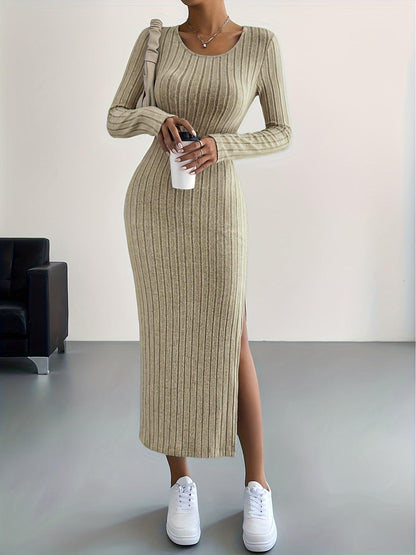Prążkowana Sukienka Maxi z Długim Rękawem na Wiosnę (Damska)