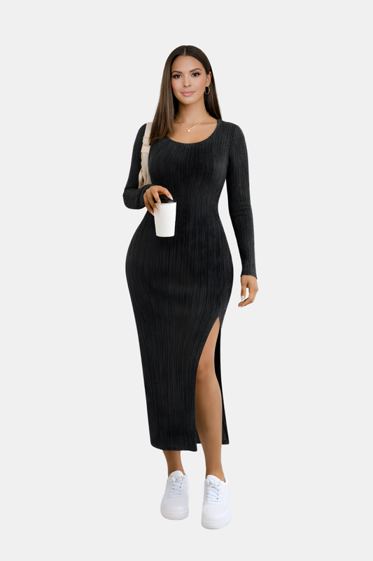 Prążkowana Sukienka Maxi z Długim Rękawem na Wiosnę (Damska)
