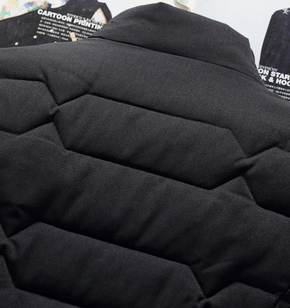 Black puffer jacket with visible stitching details