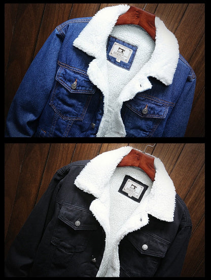 Two views of a denim jacket with white fur lining on a wooden floor.