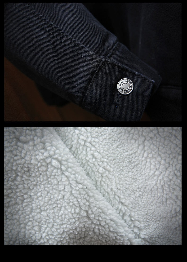 Close-up of a black jacket cuff with a button and a close-up of gray fleece fabric.