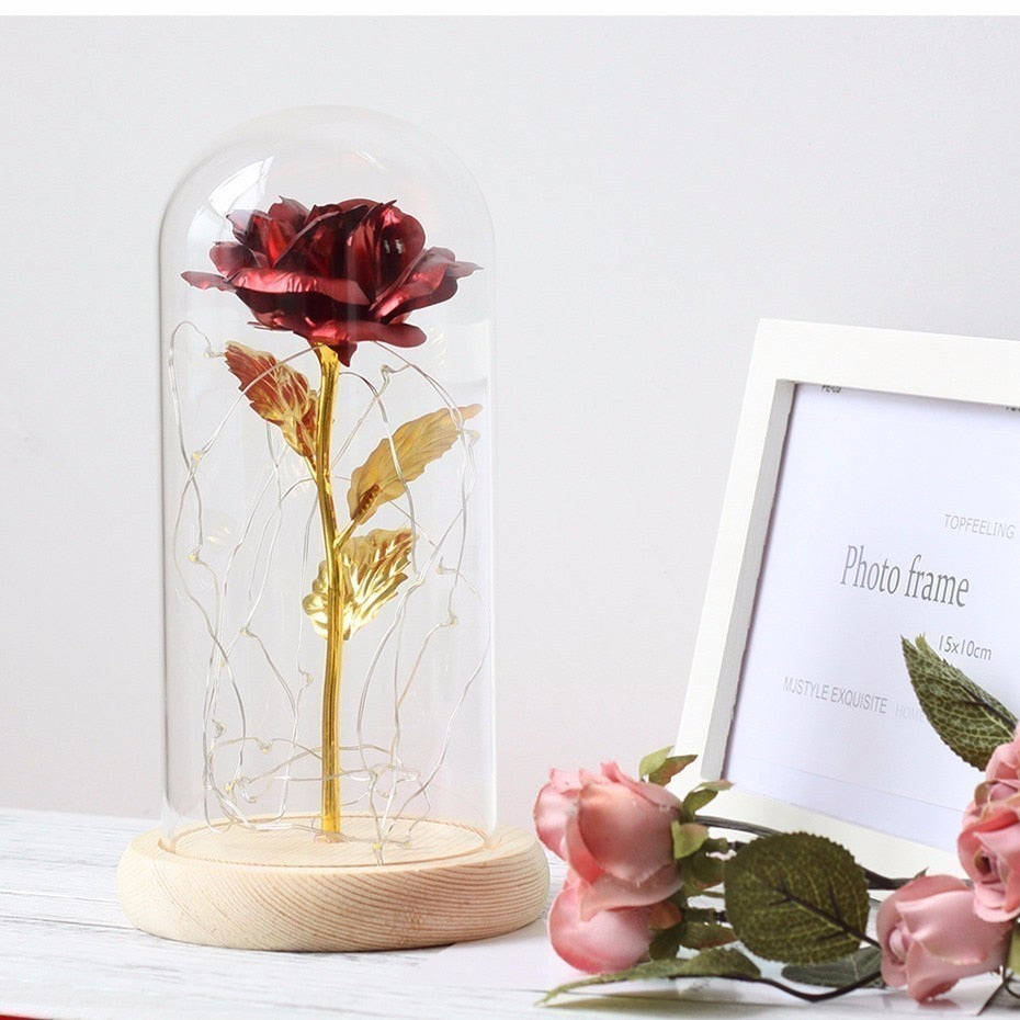 Red rose in a glass dome on a wooden base next to a photo frame with pink roses.