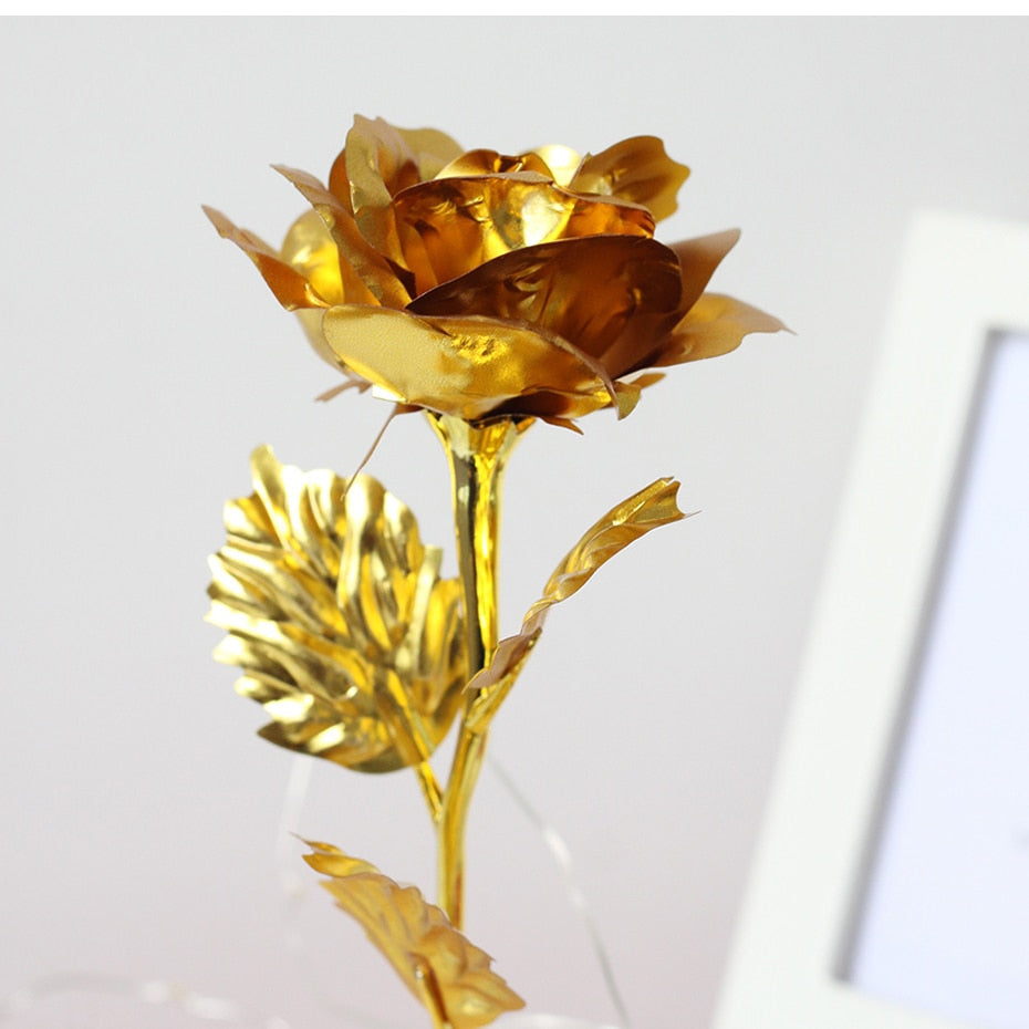 Gold-plated rose on a white background