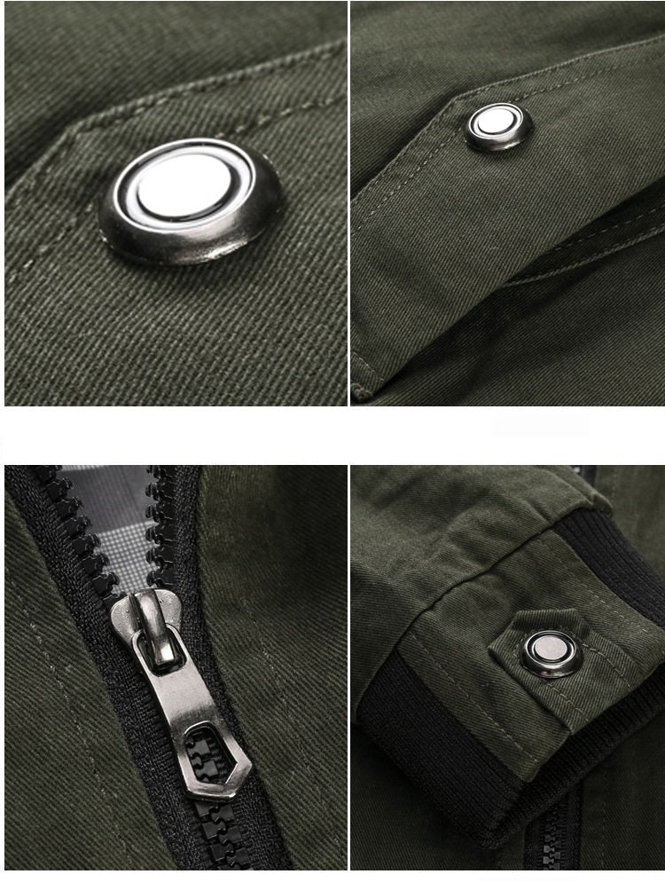 Close-up details of a green jacket with buttons and a zipper.