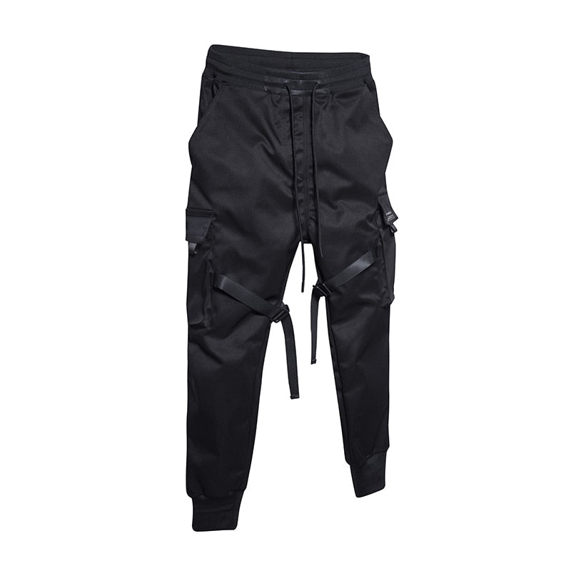 Black cargo pants with multiple pockets on a white background