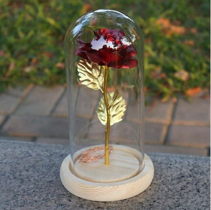 Red rose with gold leaves under a glass dome on a wooden base, outdoors.