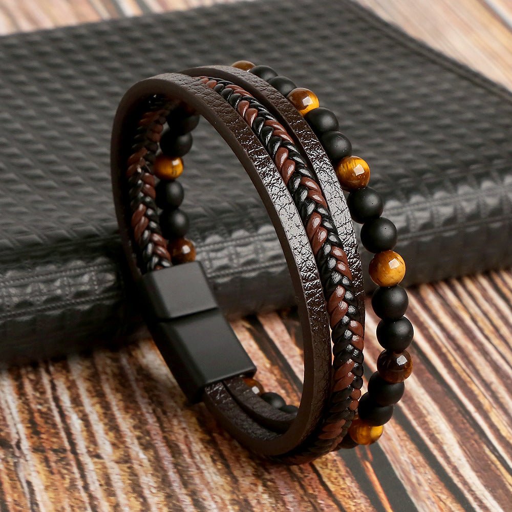 Multistrand leather and beaded bracelet on a textured surface