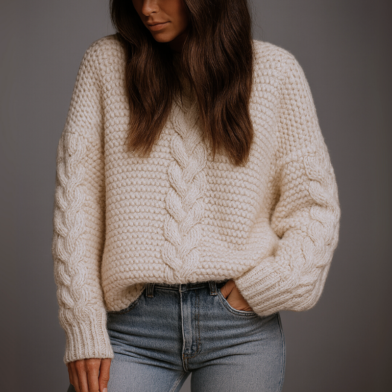 Person wearing a beige knitted sweater and blue jeans against a gray background