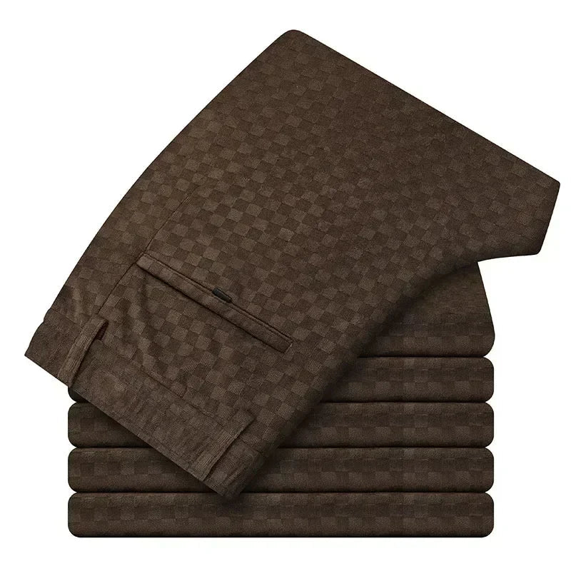 Stack of brown checkered towels on a white background