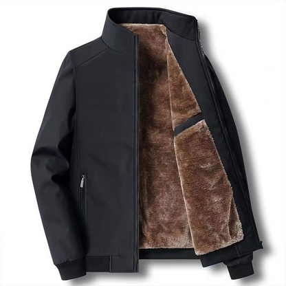 Black jacket with brown fur lining on a white background