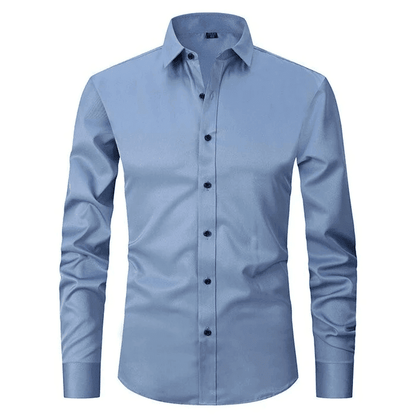 Light blue dress shirt with black buttons on a white background