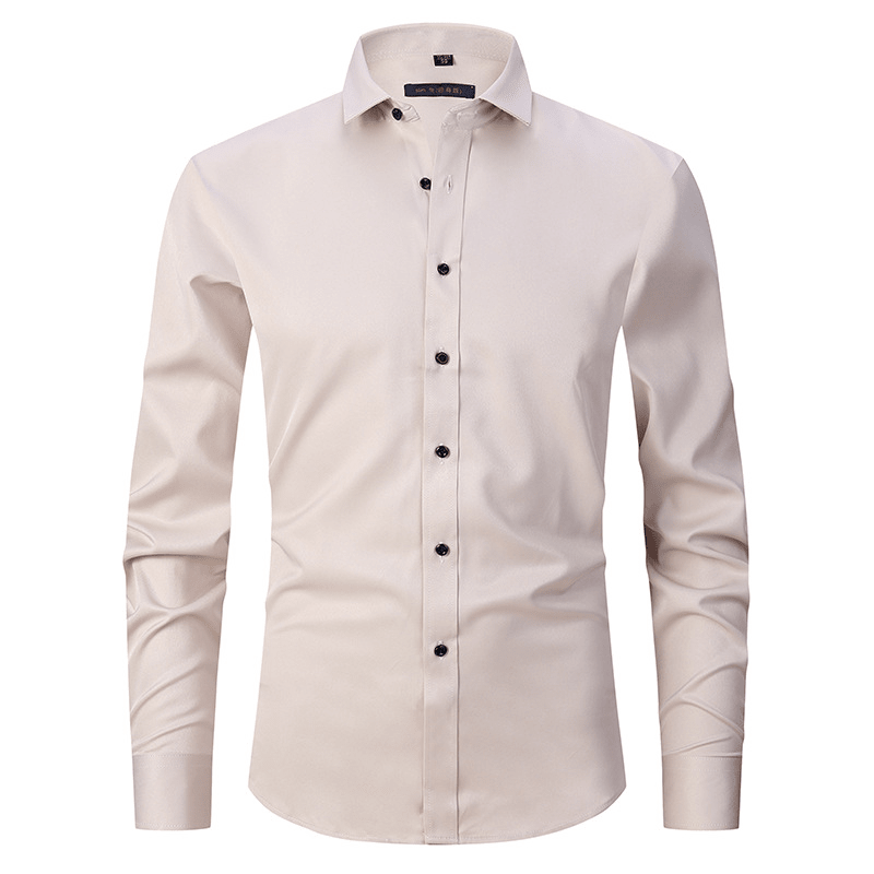Beige dress shirt with black buttons on a white background