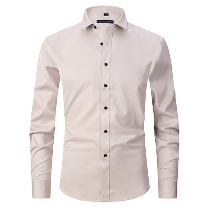 Beige dress shirt with black buttons on a white background