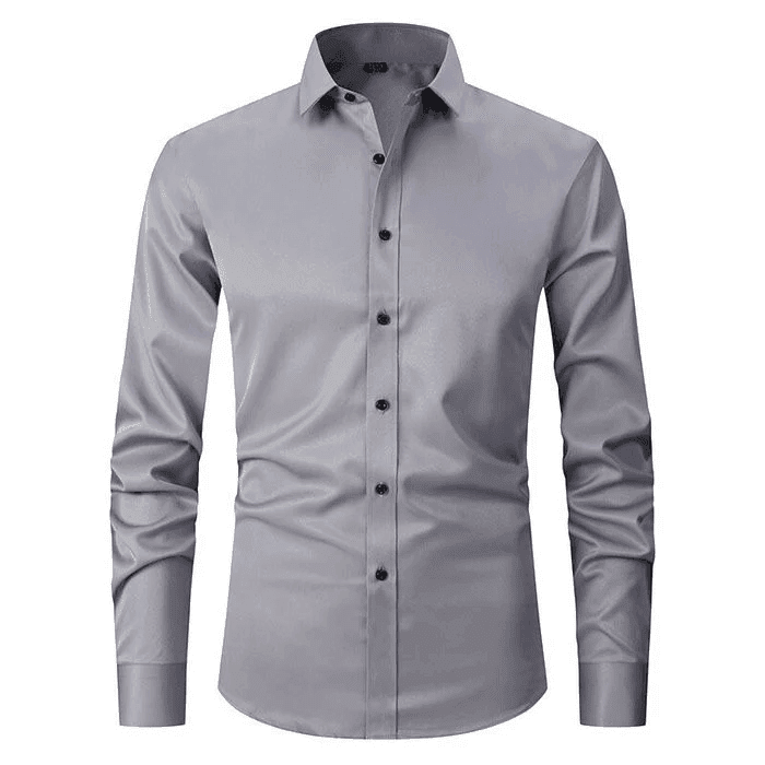 Gray dress shirt with black buttons on a white background