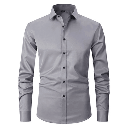 Gray dress shirt with black buttons on a white background