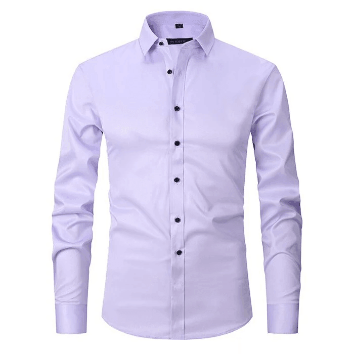 Light purple dress shirt with black buttons on a white background