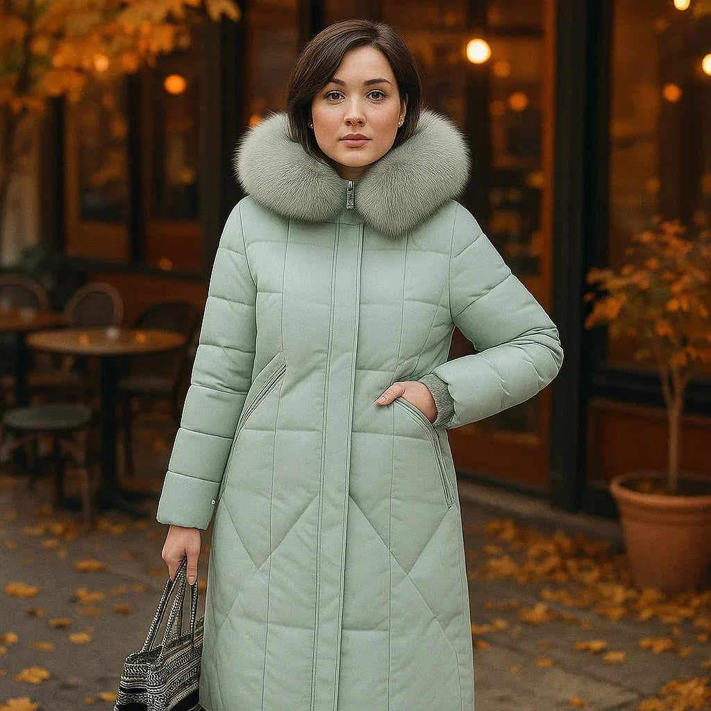 Woman wearing a long green puffer coat with a fur-lined hood in an outdoor setting.