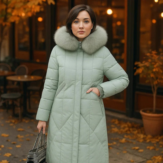 Woman wearing a long green puffer coat with a fur-lined hood in an outdoor setting.