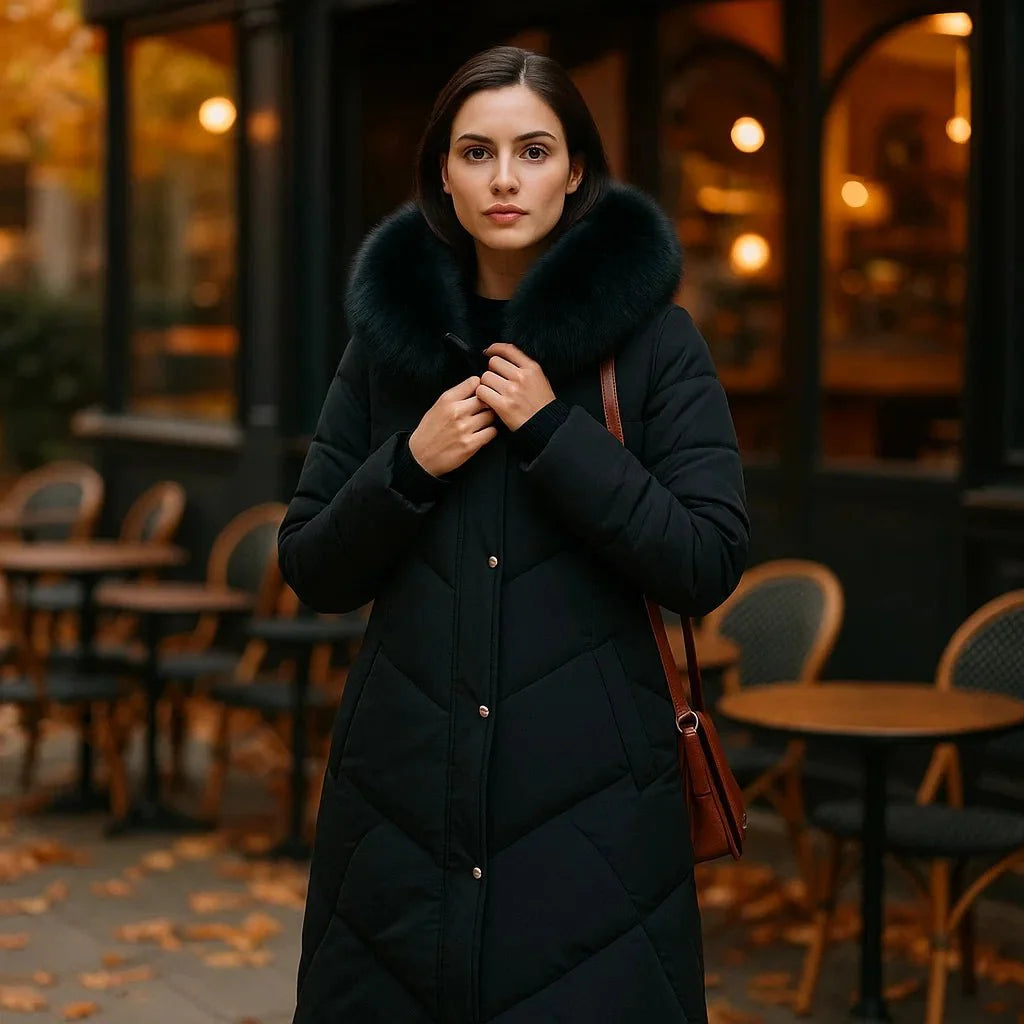 Woman in a black coat standing in an outdoor cafe setting with autumn leaves on the ground.