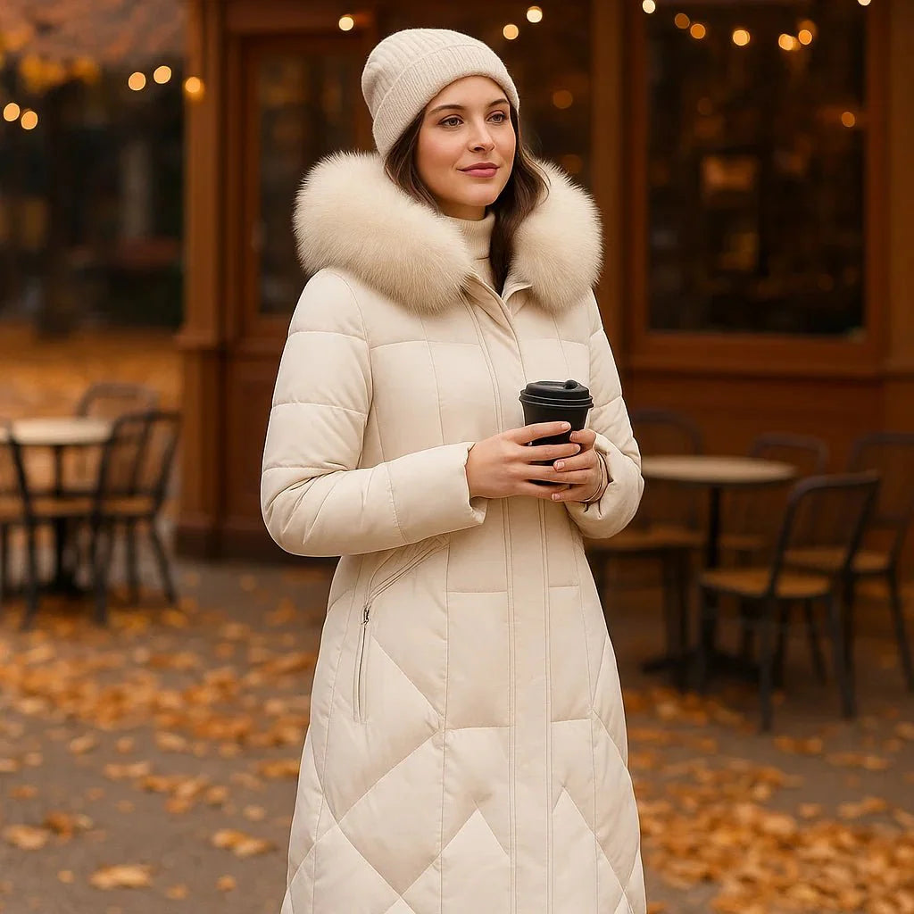 Woman in a long beige coat with a fur-lined hood holding a coffee cup outdoors.