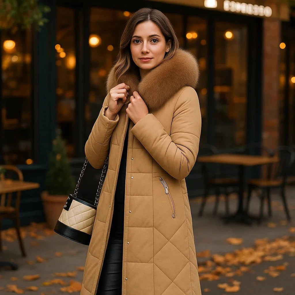 Woman wearing a tan coat with a fur collar in an outdoor setting.