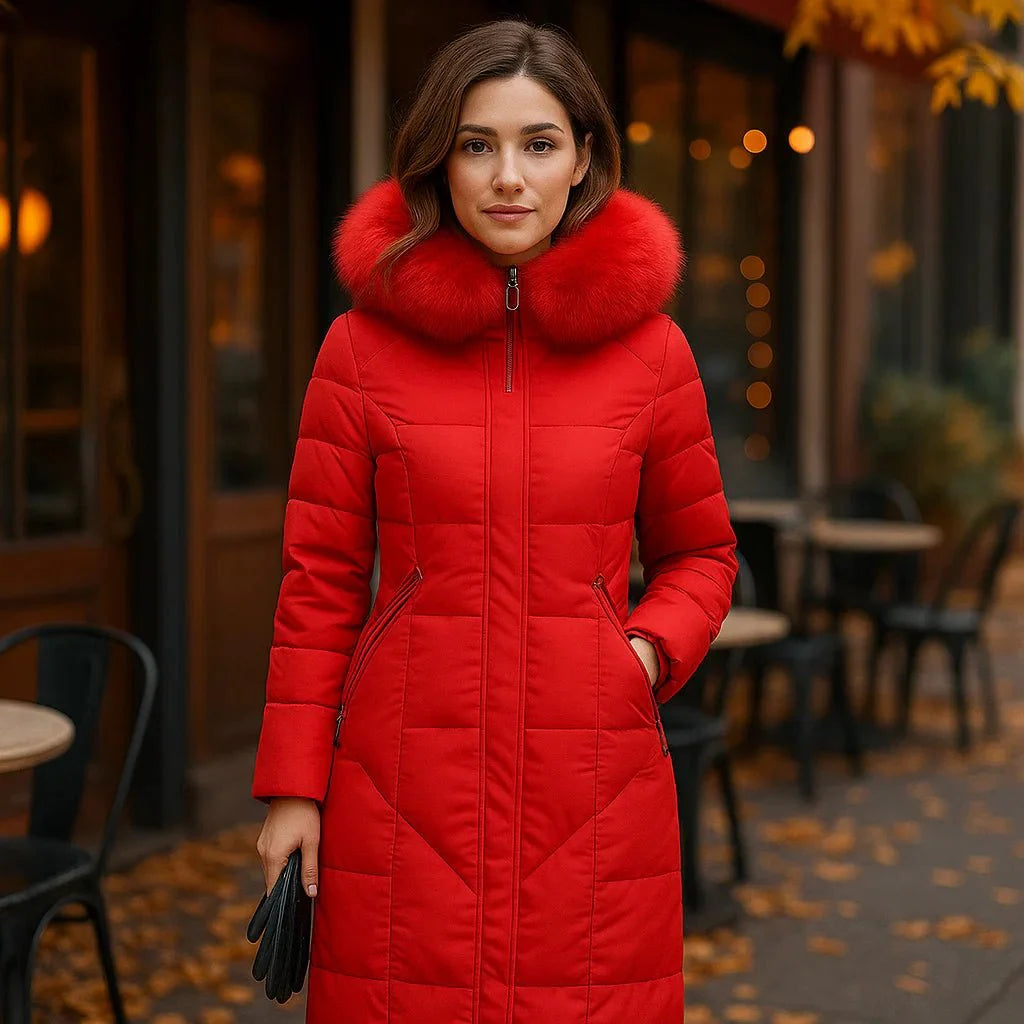 Woman wearing a red puffer coat with a fur-lined hood in an outdoor setting.