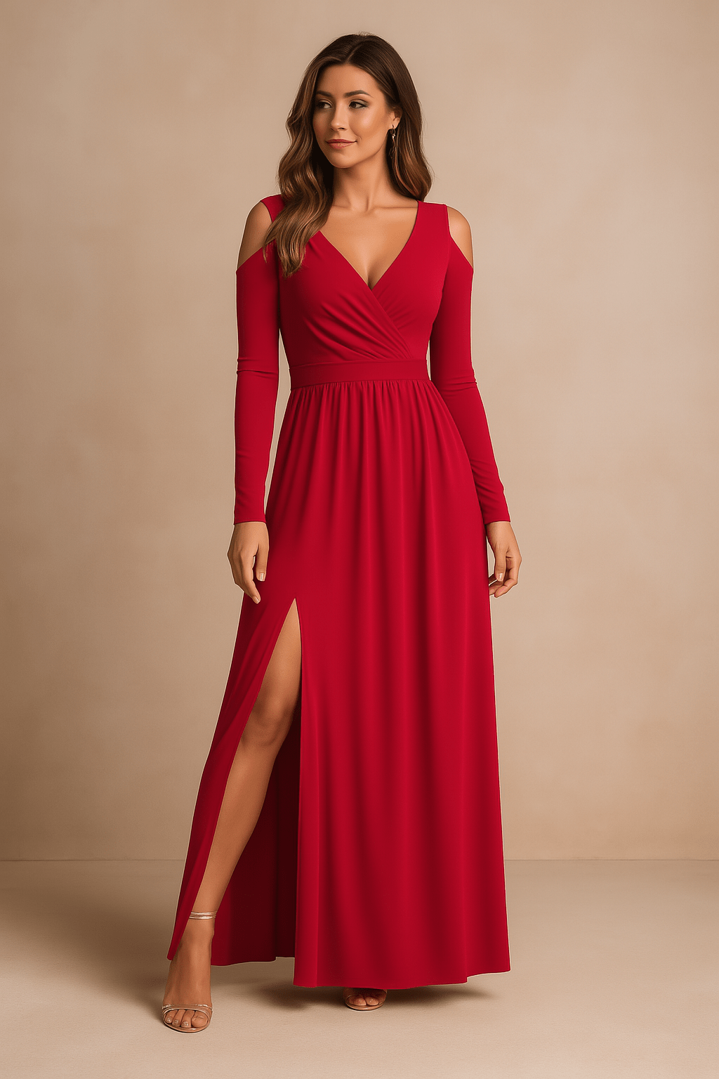 Woman wearing a red evening gown with a slit on a beige background