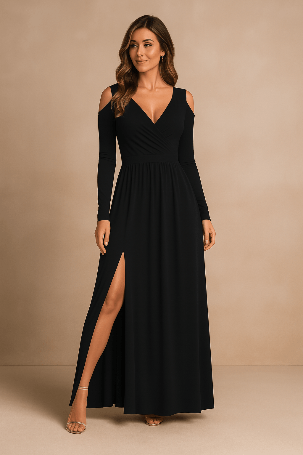 Woman wearing a black dress with a slit on a beige background