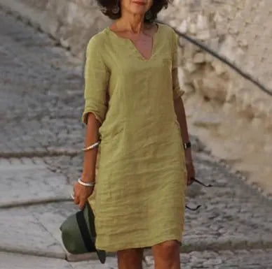 Robe Mini à Col V d'Été à Manches 3/4 (Femme)