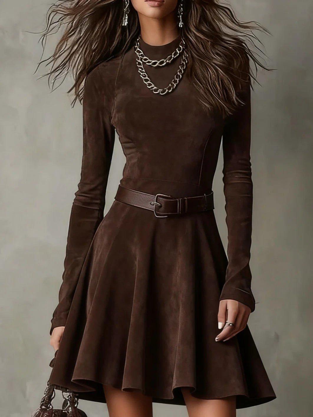 Brown suede dress with long sleeves and a belt on a neutral background