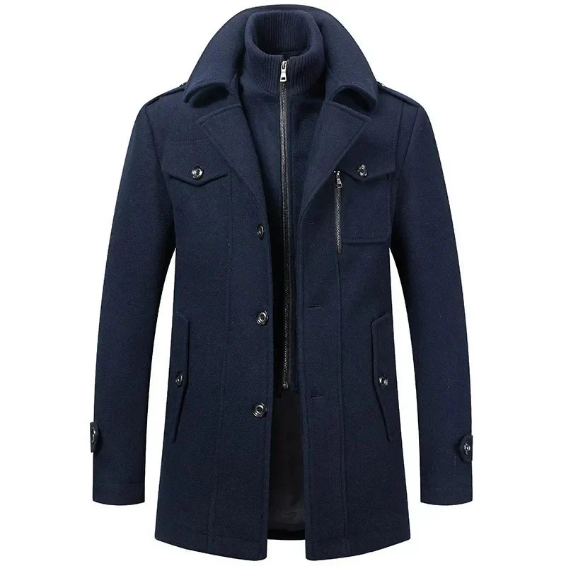 Navy blue coat with buttons and zippers on a white background