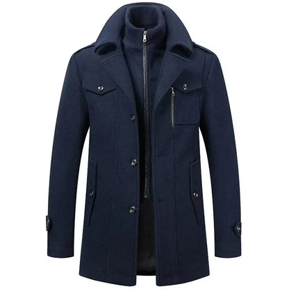 Navy blue coat with buttons and zippers on a white background