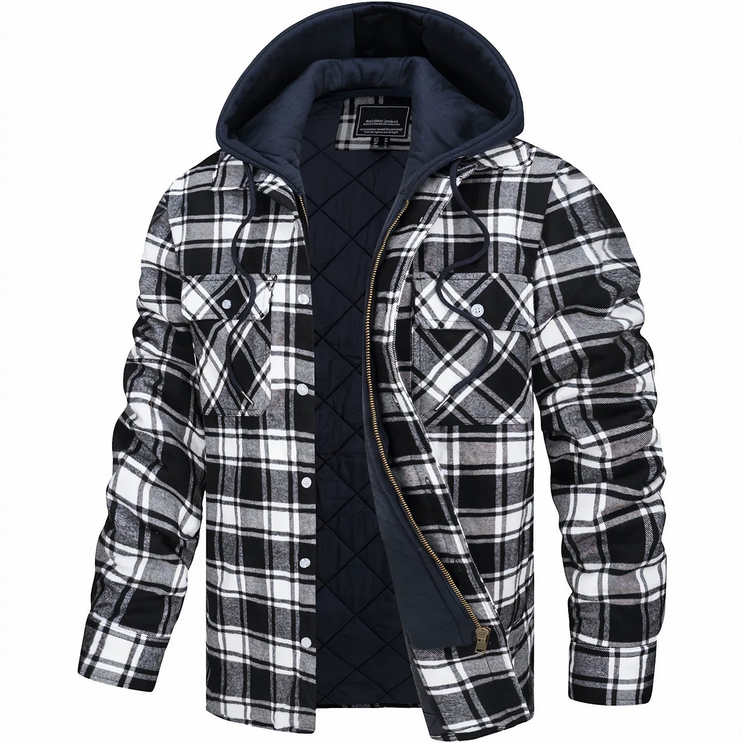 Plaid jacket with navy quilted lining on a white background