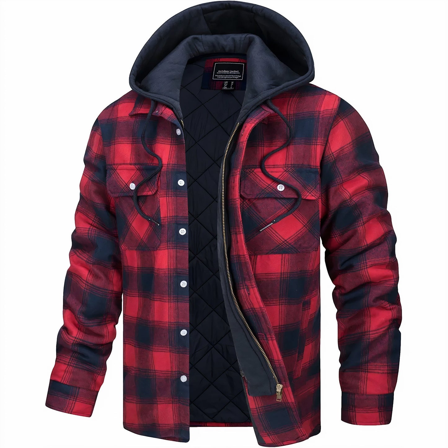 Red and black plaid jacket with a hood on a white background
