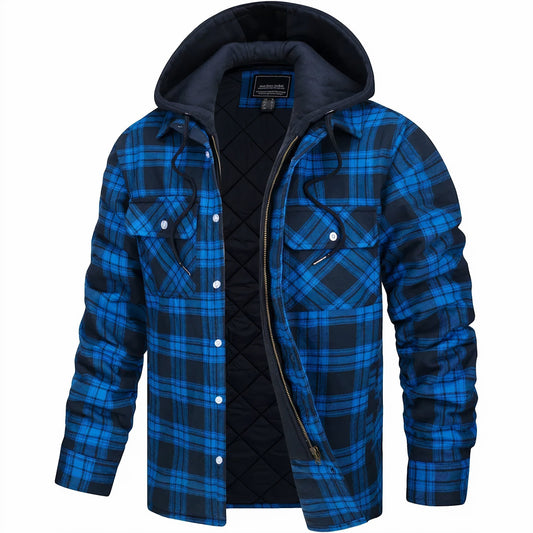 Blue and black plaid jacket with quilted black lining on a white background