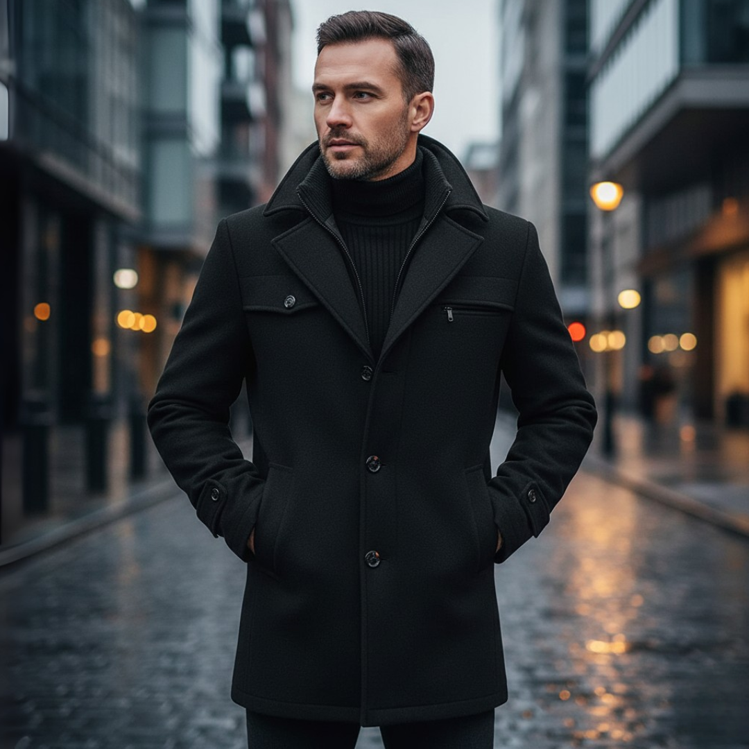Man wearing a black coat standing on a city street with blurred background