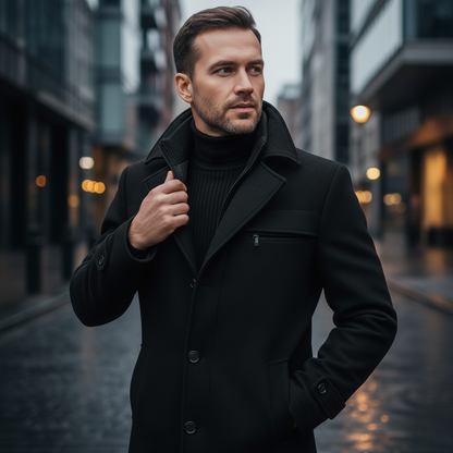 Man wearing a black coat on a city street