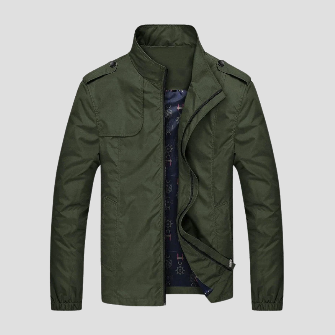 Green jacket with a textured lining on a light gray background