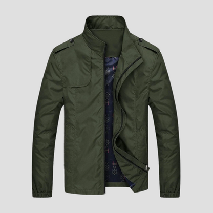 Green jacket with a textured lining on a light gray background