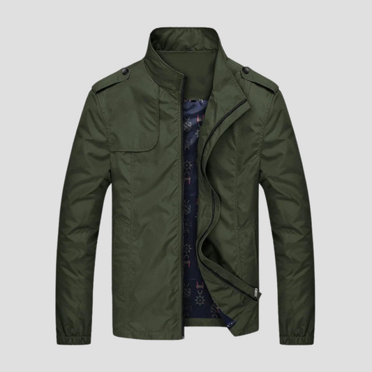Green jacket with a textured lining on a light gray background