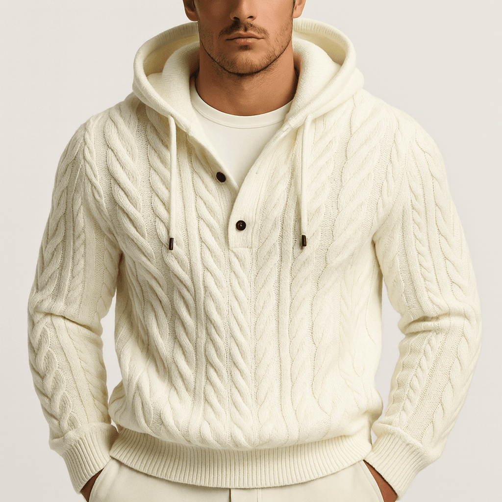 Man wearing a cream-colored cable knit hoodie on a light gray background