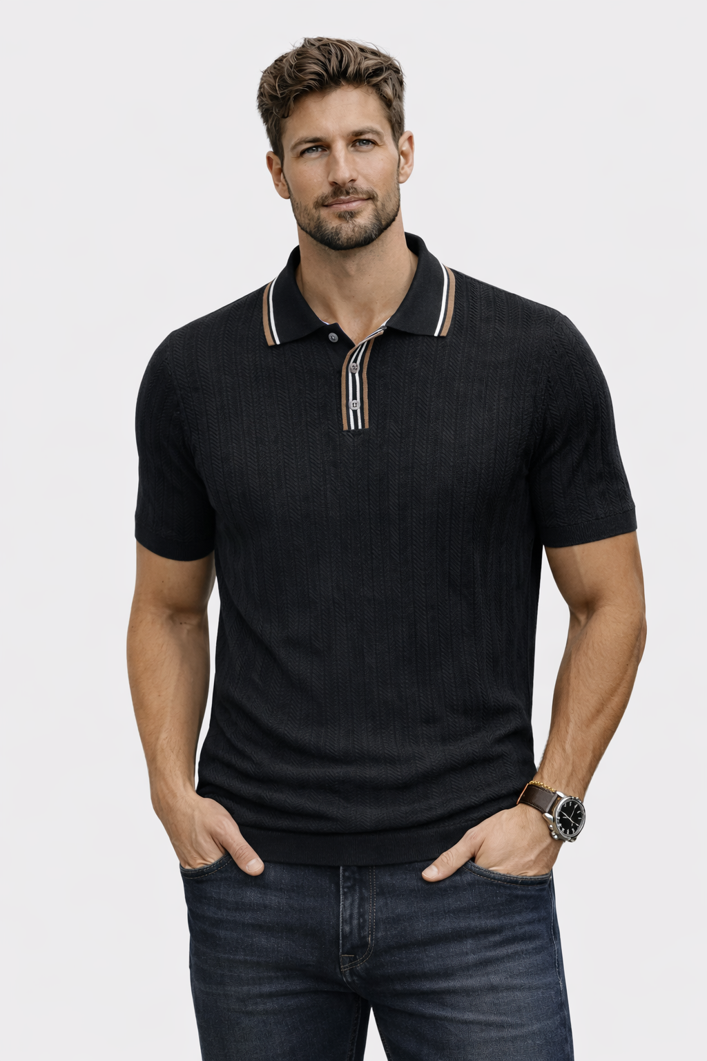 Wiosenna Męska Koszulka Polo z Krótkim Rękawem w Prążkowany Wzór (Męska)