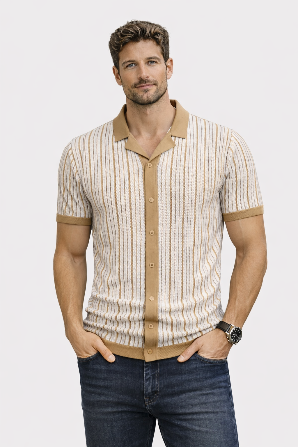 T-shirt Homme Rétro de Printemps à Boutons et Motif Côtelé (Homme)