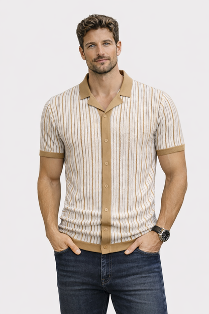 T-shirt Homme Rétro de Printemps à Boutons et Motif Côtelé (Homme)