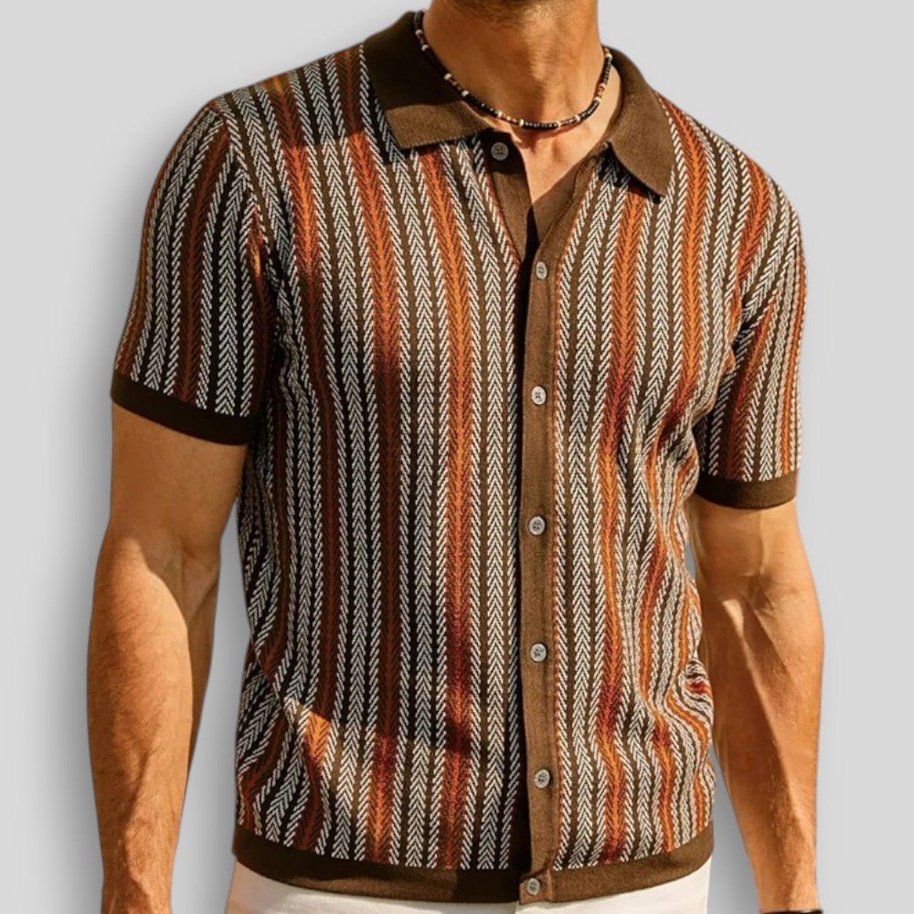 Wiosenna Męska Koszulka Retro z Guzikami i Wzorem w Jodełkę (Męska)