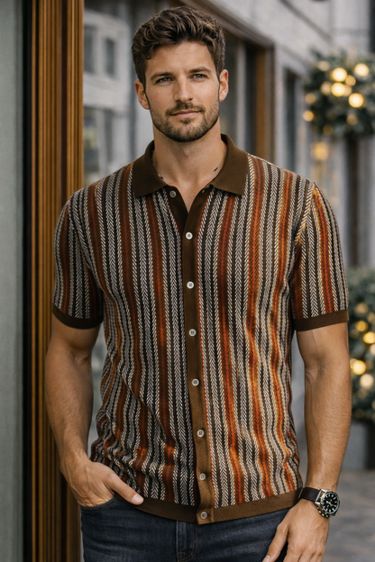 Wiosenna Męska Koszulka Retro z Guzikami i Wzorem w Jodełkę (Męska)