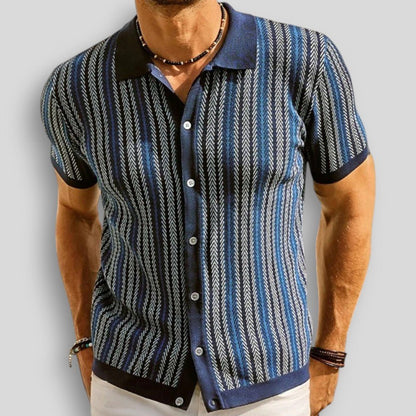 Wiosenna Męska Koszulka Retro z Guzikami i Wzorem w Jodełkę (Męska)