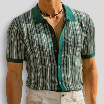 Wiosenna Męska Koszulka Retro z Guzikami i Wzorem w Jodełkę (Męska)