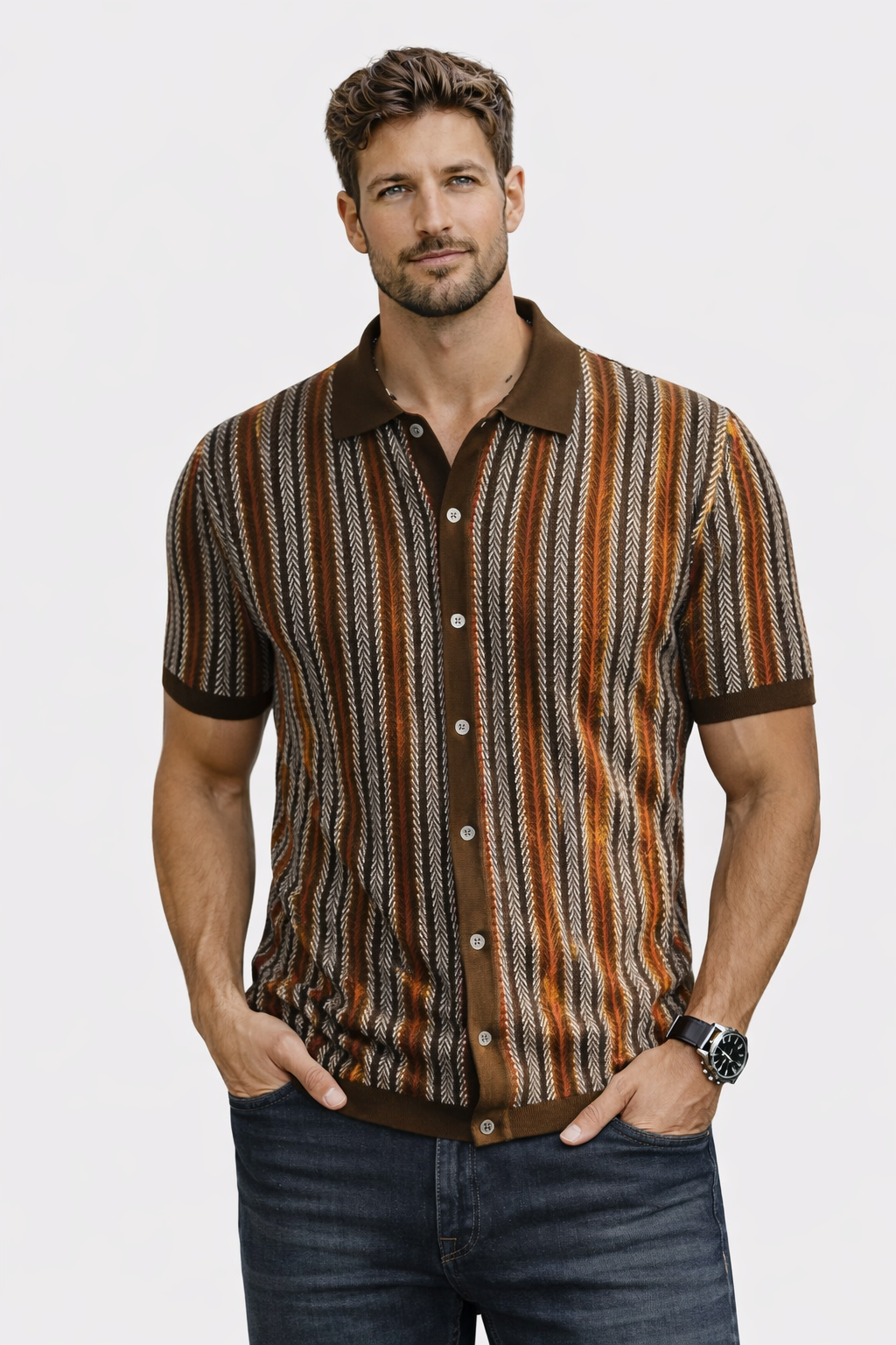 Wiosenna Męska Koszulka Retro z Guzikami i Wzorem w Jodełkę (Męska)