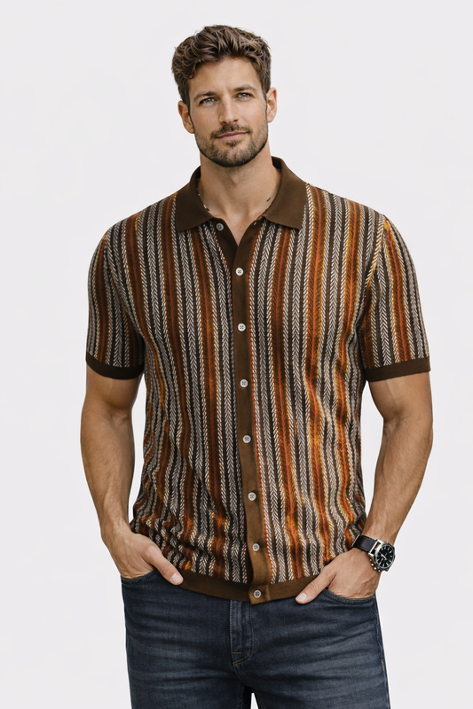 Wiosenna Męska Koszulka Retro z Guzikami i Wzorem w Jodełkę (Męska)